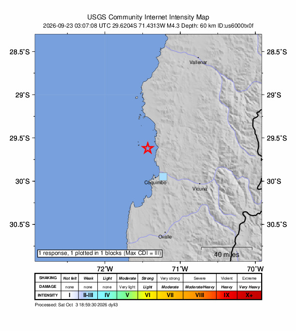 USGS DYFI community-reported intensity map for the M4.3 earthquake near 36 km NNW of La Serena, Chile