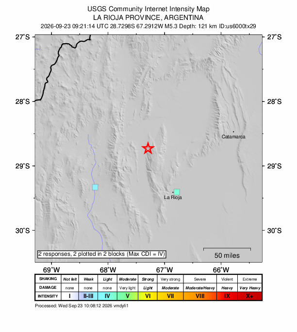 USGS DYFI community-reported intensity map for the M5.3 earthquake near 51 km WSW of Arauco, Argentina