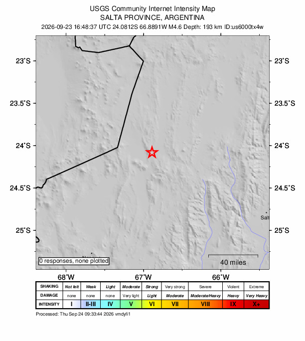 USGS DYFI community-reported intensity map for the M4.6 earthquake near 64 km WNW of San Antonio de los Cobres, Argentina
