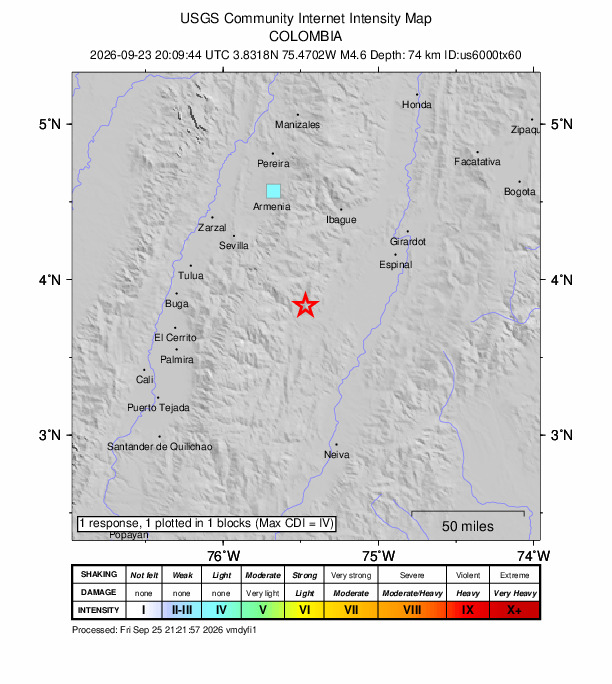 USGS DYFI community-reported intensity map for the M4.6 earthquake near 9 km S of San Antonio, Colombia