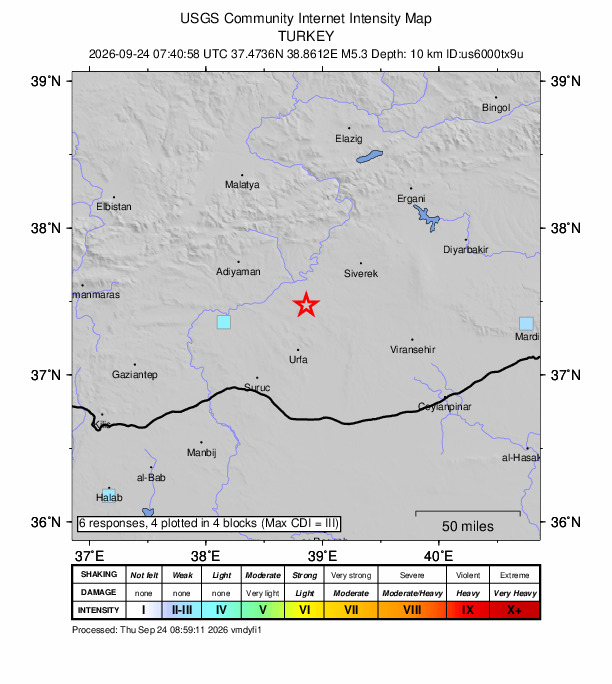 USGS DYFI community-reported intensity map for the M5.3 earthquake near 15 km SSW of Hilvan, Turkey