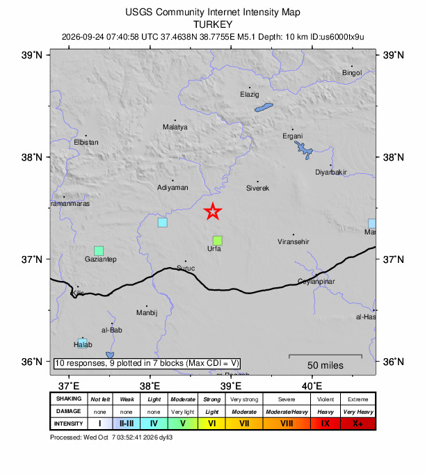 USGS DYFI community-reported intensity map for the M5.1 earthquake near 20 km SW of Hilvan, Turkey