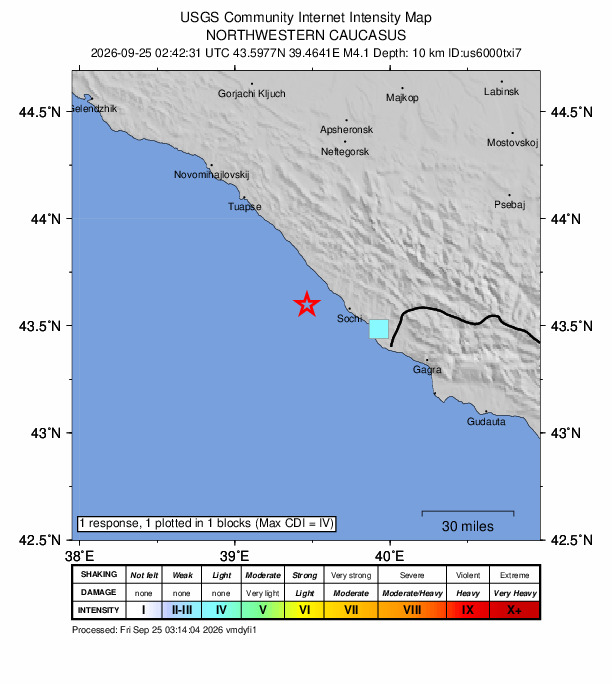 USGS DYFI community-reported intensity map for the M4.1 earthquake near 16 km SSW of Vardane, Russia