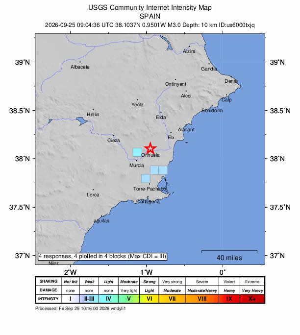 USGS DYFI community-reported intensity map for the M3.0 earthquake near 2 km NNW of Orihuela, Spain