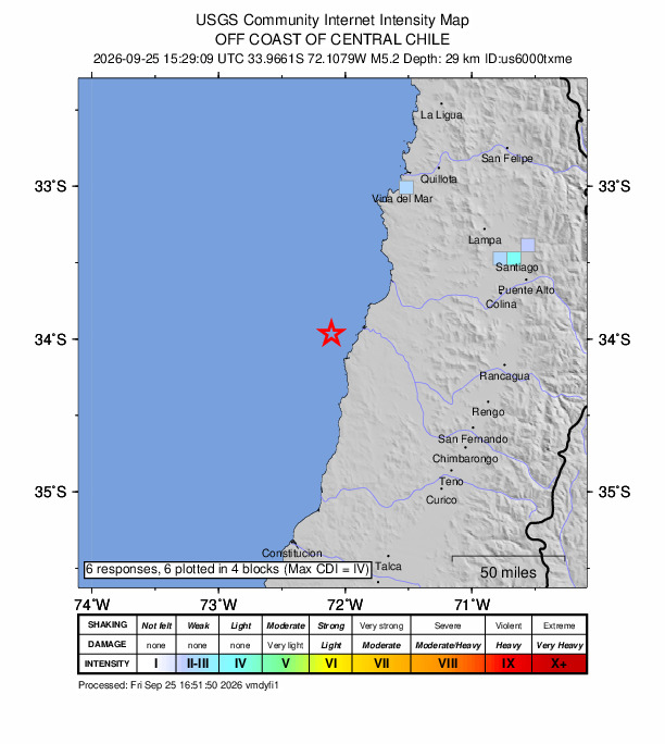 USGS DYFI community-reported intensity map for the M5.2 earthquake near 62 km SW of San Antonio, Chile