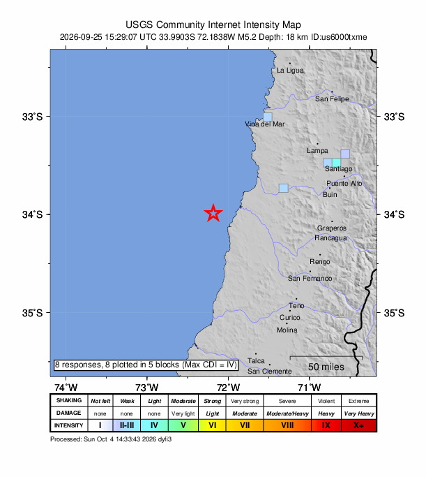 USGS DYFI community-reported intensity map for the M5.2 earthquake near 69 km SW of San Antonio, Chile
