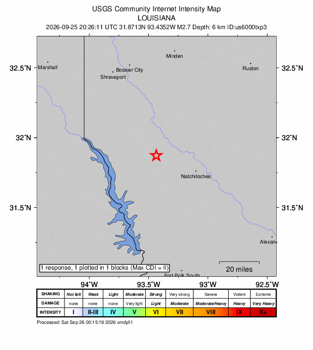 USGS DYFI community-reported intensity map for the M2.7 earthquake near 9 km NE of Pleasant Hill, Louisiana