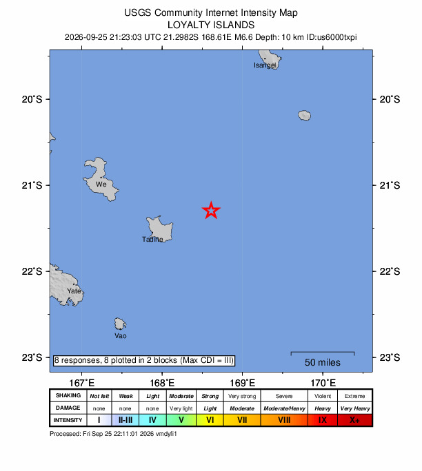 USGS DYFI community-reported intensity map for the M6.6 earthquake near 80 km ENE of Tadine, New Caledonia