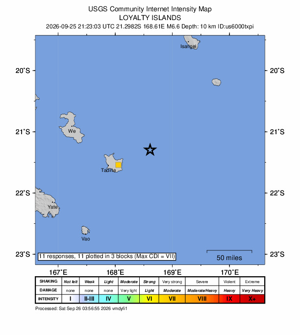 USGS DYFI community-reported intensity map for the M6.6 earthquake near 80 km ENE of Tadine, New Caledonia