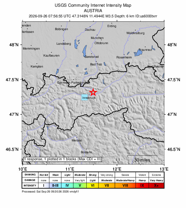 USGS DYFI community-reported intensity map for the M3.5 earthquake near 2 km NNW of Absam, Austria