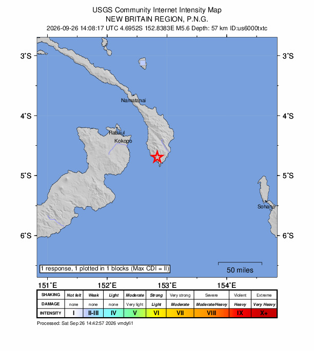 USGS DYFI community-reported intensity map for the M5.6 earthquake near 74 km ESE of Kokopo, Papua New Guinea
