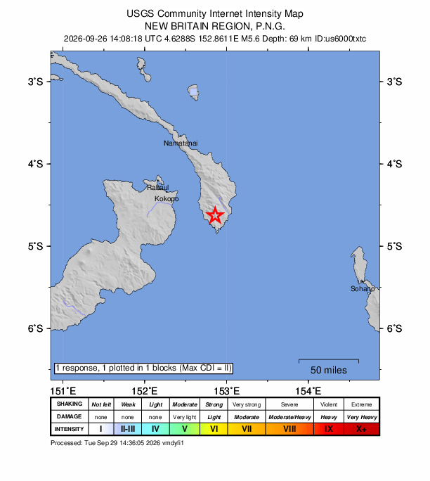 USGS DYFI community-reported intensity map for the M5.6 earthquake near 72 km ESE of Kokopo, Papua New Guinea