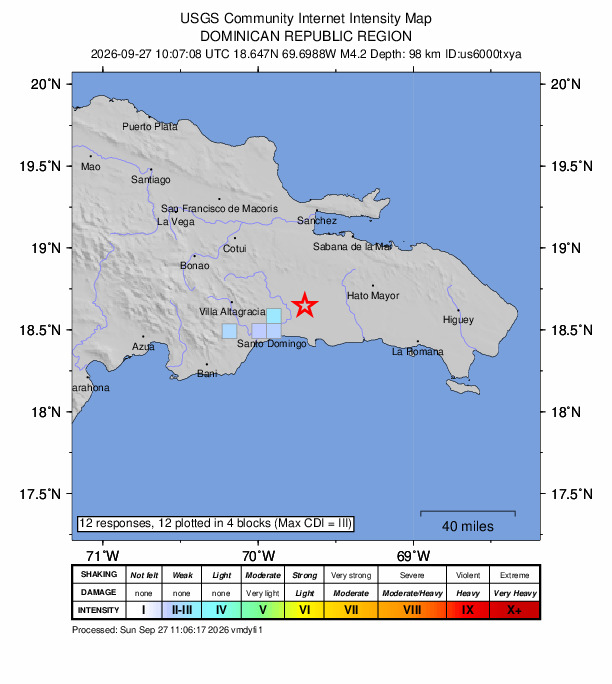 USGS DYFI community-reported intensity map for the M4.2 earthquake near 13 km SSW of Bayaguana, Dominican Republic