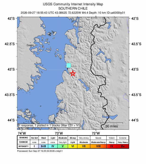 USGS DYFI community-reported intensity map for the M4.4 earthquake near 20 km SSE of Chaitén, Chile