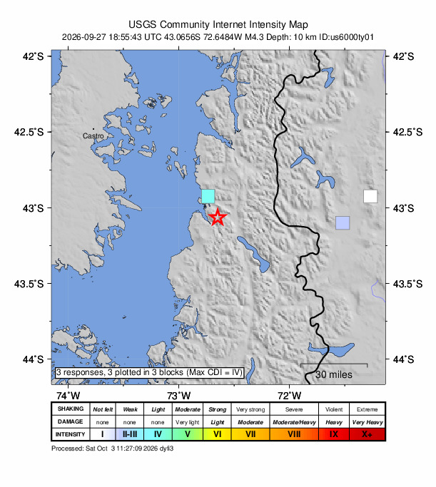 USGS DYFI community-reported intensity map for the M4.3 earthquake near 17 km SSE of Chaitén, Chile