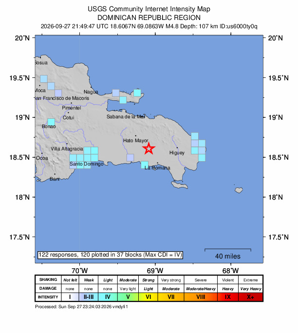 USGS DYFI community-reported intensity map for the M4.8 earthquake near 11 km W of Guaymate, Dominican Republic