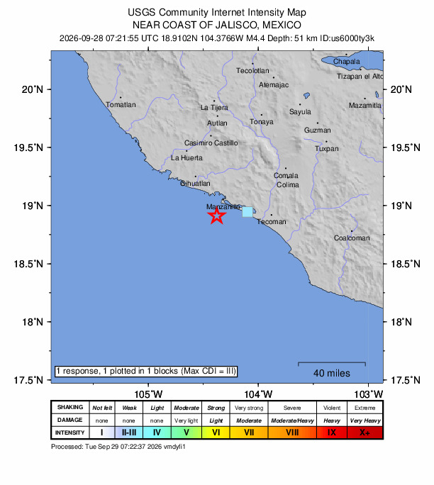 USGS DYFI community-reported intensity map for the M4.4 earthquake near 20 km SW of El Colomo, Mexico