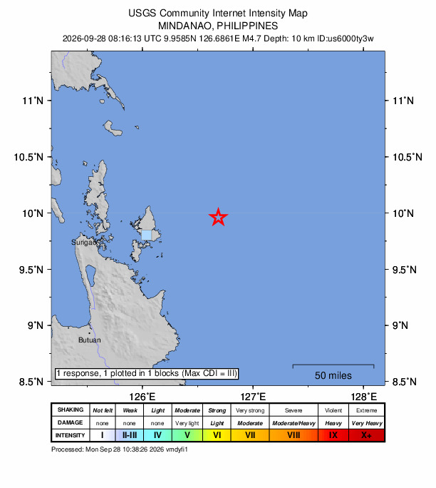 USGS DYFI community-reported intensity map for the M4.7 earthquake near 65 km E of Pilar, Philippines