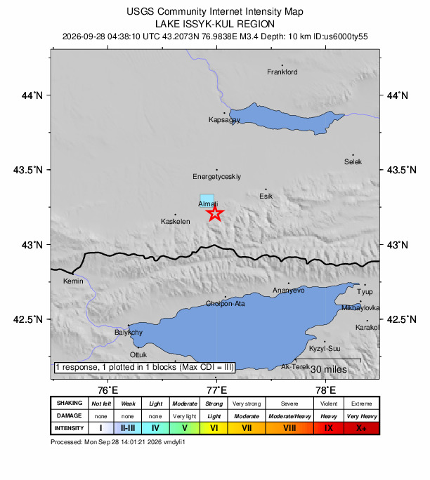 USGS DYFI community-reported intensity map for the M3.4 earthquake near 7 km SE of Almaty, Kazakhstan
