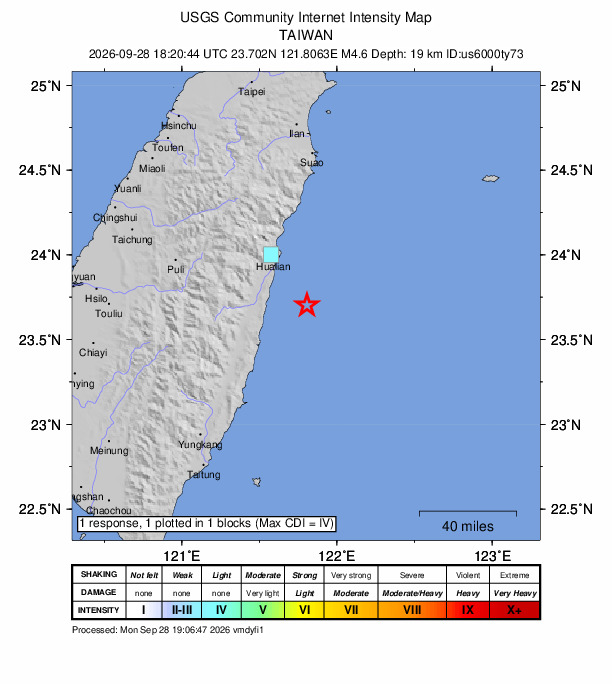 USGS DYFI community-reported intensity map for the M4.6 earthquake near 36 km SE of Hualien City, Taiwan