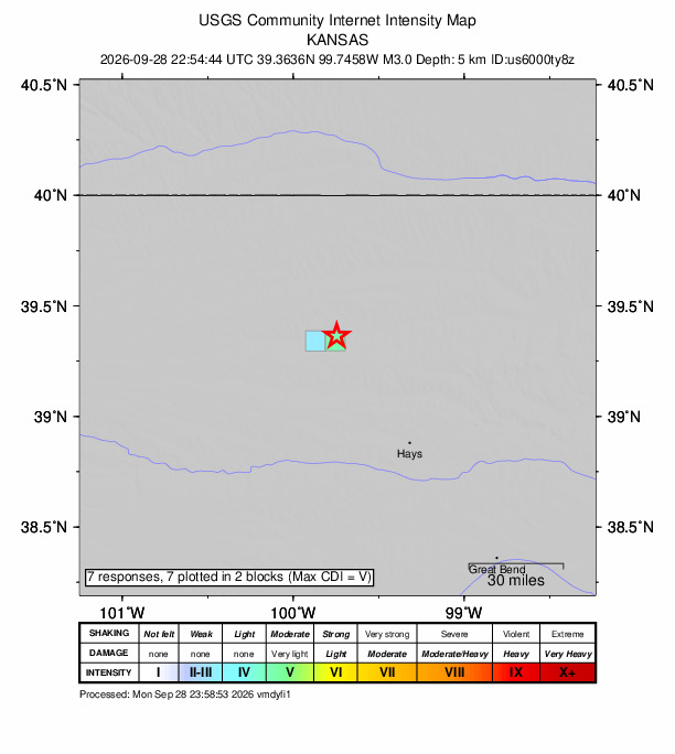 USGS DYFI community-reported intensity map for the M3.0 earthquake near 4 km W of Bogue, Kansas