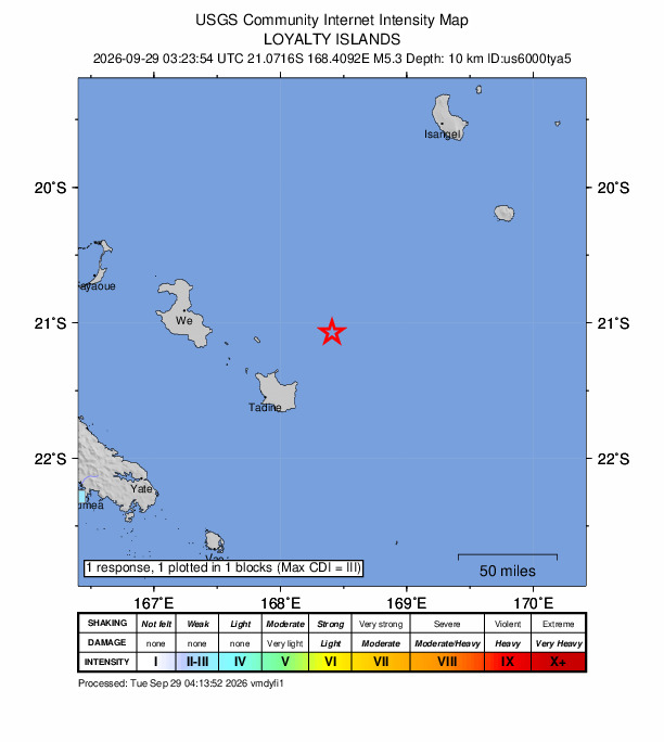 USGS DYFI community-reported intensity map for the M5.3 earthquake near 76 km NE of Tadine, New Caledonia
