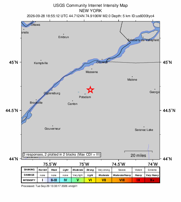USGS DYFI community-reported intensity map for the M2.0 earthquake near 7 km NE of Potsdam, New York