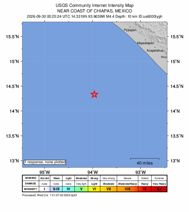 USGS DYFI community-reported intensity map for the M4.4 earthquake near 150 km SW of La Esperanza (El Zapotal), Mexico