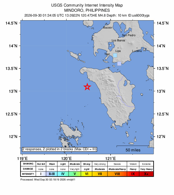 USGS DYFI community-reported intensity map for the M4.8 earthquake near 18 km SW of Tayaman, Philippines
