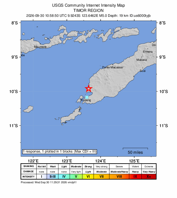 USGS DYFI community-reported intensity map for the M5.0 earthquake near 27 km N of Kupang, Indonesia