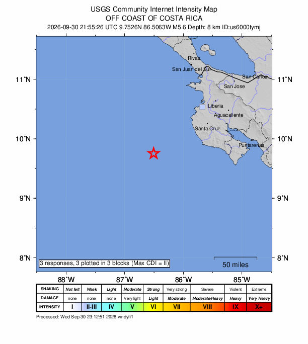 USGS DYFI community-reported intensity map for the M5.6 earthquake near 94 km SW of Tamarindo, Costa Rica