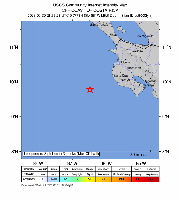 USGS DYFI community-reported intensity map for the M5.6 earthquake near 91 km SW of Tamarindo, Costa Rica