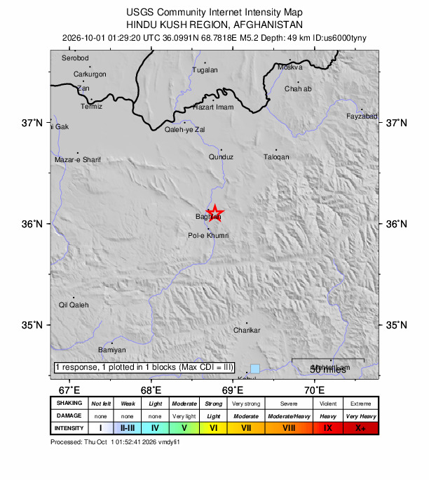 USGS DYFI community-reported intensity map for the M5.2 earthquake near 7 km ESE of Baghlān, Afghanistan