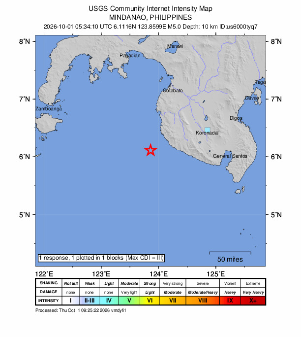 USGS DYFI community-reported intensity map for the M5.0 earthquake near 38 km WSW of Palimbang, Philippines