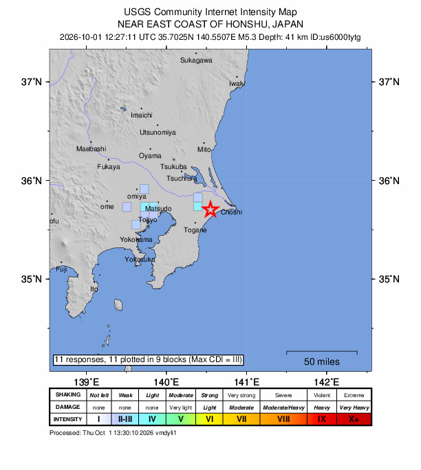 USGS DYFI community-reported intensity map for the M5.3 earthquake near 0 km NNE of Yōkaichiba, Japan