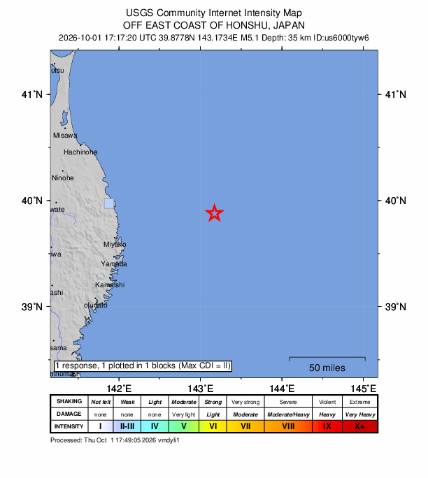 USGS DYFI community-reported intensity map for the M5.1 earthquake near 108 km ENE of Miyako, Japan