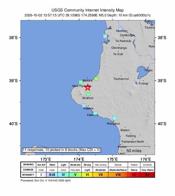 USGS DYFI community-reported intensity map for the M5.0 earthquake near 6 km E of Inglewood, New Zealand