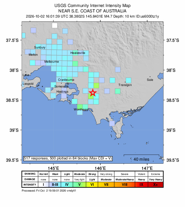 USGS DYFI community-reported intensity map for the M4.7 earthquake near 5 km NNE of Korumburra, Australia