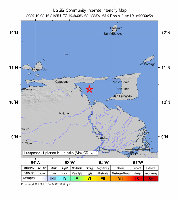 USGS DYFI community-reported intensity map for the M5.0 earthquake near 26 km SSW of Güiria, Venezuela