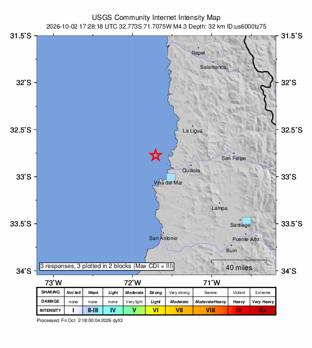 USGS DYFI community-reported intensity map for the M4.3 earthquake near 30 km NNW of Valparaíso, Chile