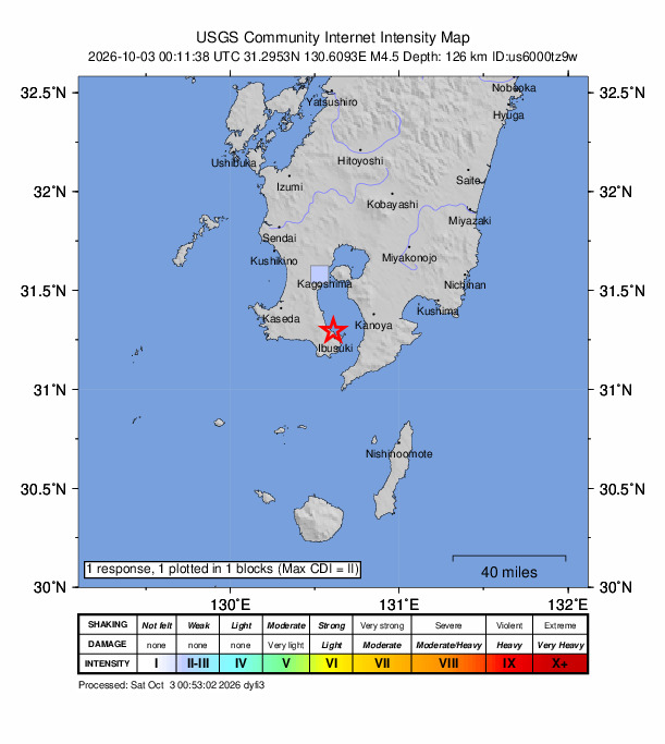 USGS DYFI community-reported intensity map for the M4.5 earthquake near 7 km NNW of Ibusuki, Japan