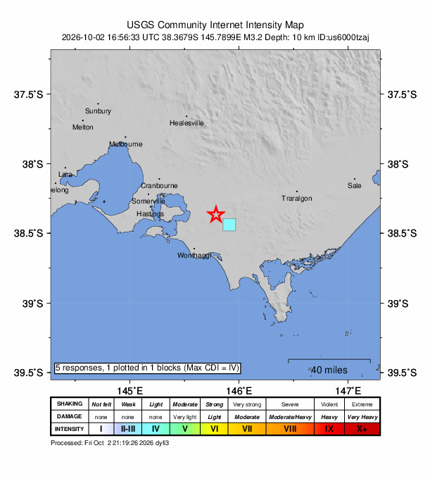 USGS DYFI community-reported intensity map for the M3.2 earthquake near 7 km NNW of Korumburra, Australia