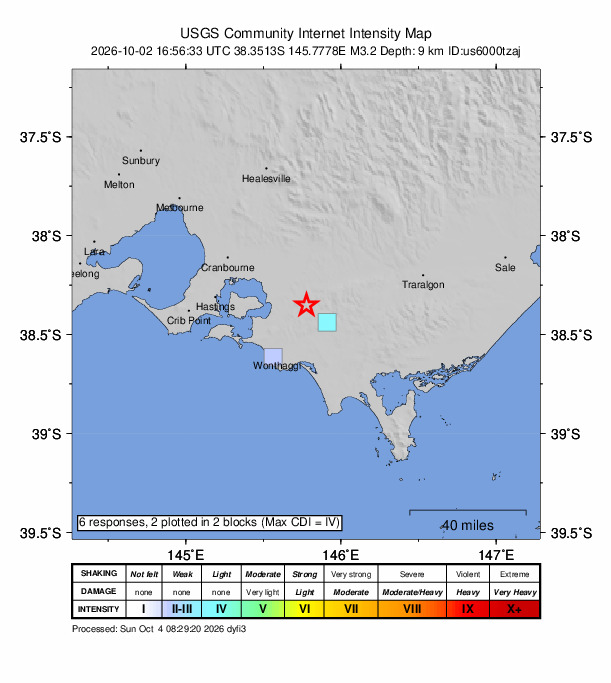 USGS DYFI community-reported intensity map for the M3.2 earthquake near 9 km ESE of Nyora, Australia