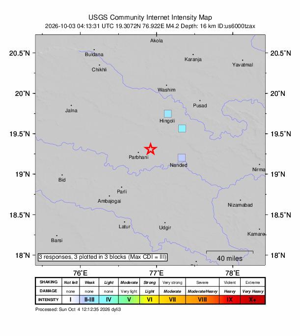 USGS DYFI community-reported intensity map for the M4.2 earthquake near 16 km ENE of Parbhani, India