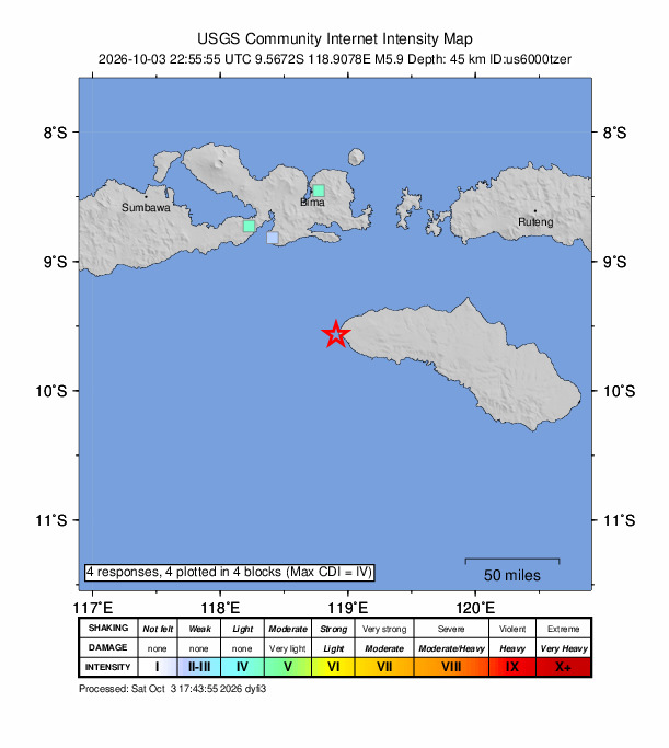USGS DYFI community-reported intensity map for the M5.9 earthquake near 39 km WSW of Tambolaka, Indonesia