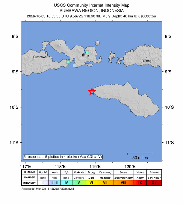 USGS DYFI community-reported intensity map for the M5.9 earthquake near 39 km WSW of Tambolaka, Indonesia