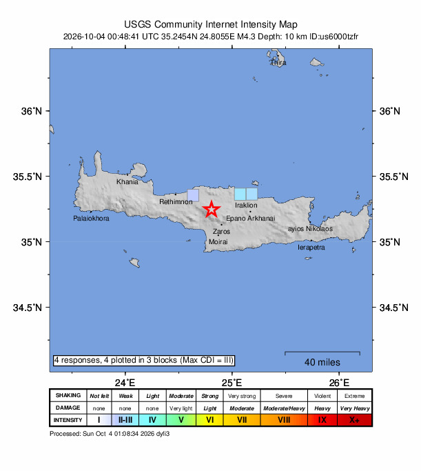 USGS DYFI community-reported intensity map for the M4.3 earthquake near 5 km SSW of Zonianá, Greece