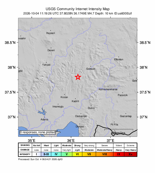 USGS DYFI community-reported intensity map for the M4.7 earthquake near 21 km SSE of Saimbeyli, Turkey