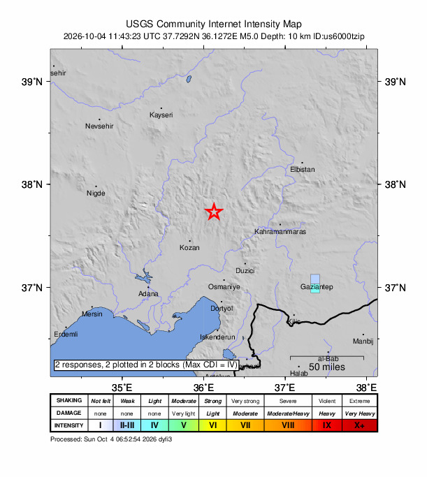 USGS DYFI community-reported intensity map for the M5.0 earthquake near 21 km ESE of Feke, Turkey