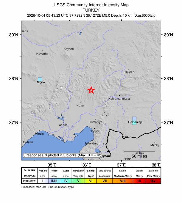 USGS DYFI community-reported intensity map for the M5.0 earthquake near 21 km ESE of Feke, Turkey